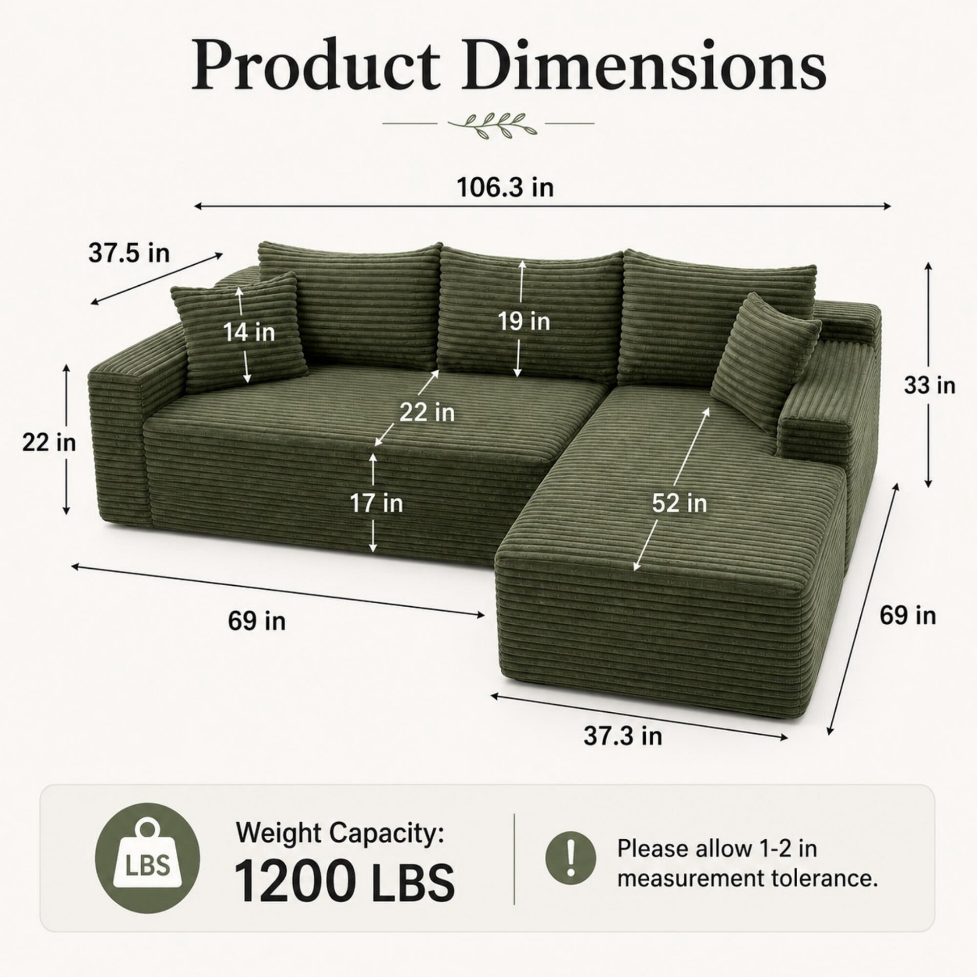 DEALTOPS 106 Inch Modular Corduroy Sectional Sofa with Right Chaise, No Assembly Required, Black
