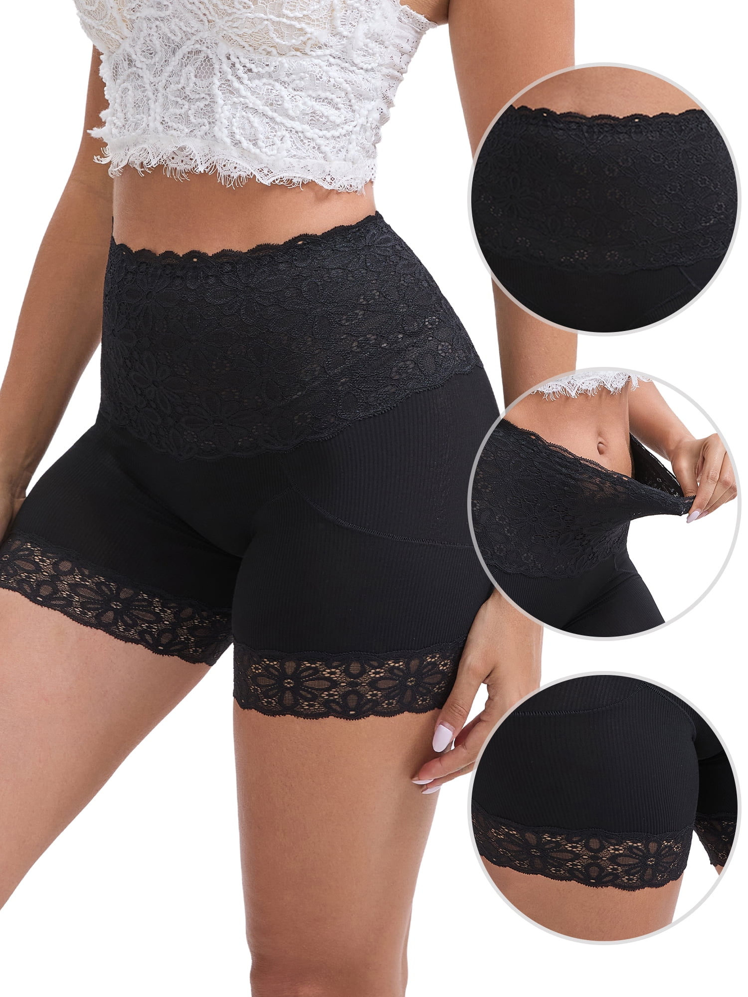 DARING DIVA Women's Lace Trim Tummy Control Slip Butt Lifter Body Shaper XL Black