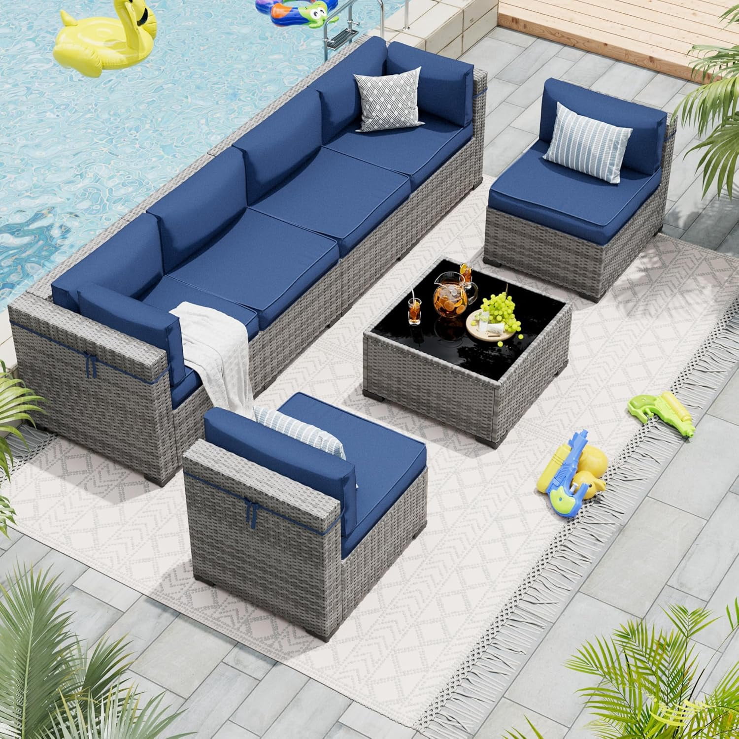 ELPOSUN Patio Furniture Set, 7-Piece Patio Furniture Set with Coffee Table & Waterproof Covers, All-Weather Wicker Outdoor Sectional for Backyard Balcony, Navy