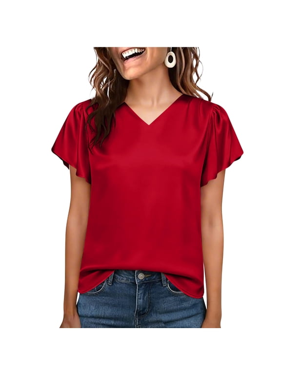 Womens V Neck Silk Satin Tops Dressy Short Sleeve Work Tunic Blouses Spring Summer Loose T Shirts Business Casual Outfits