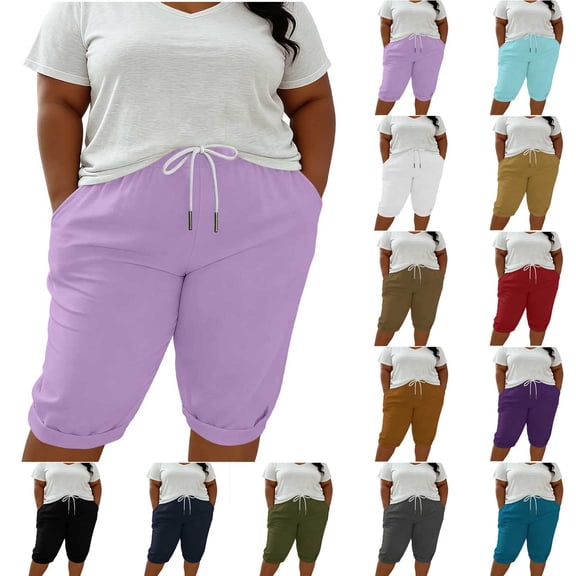 Juesizh Bermuda Shorts for Women Plus Size Drawstring Waist Shorts Casual Athletic Solid Color Workout Shorts with Pockets, L-5XL