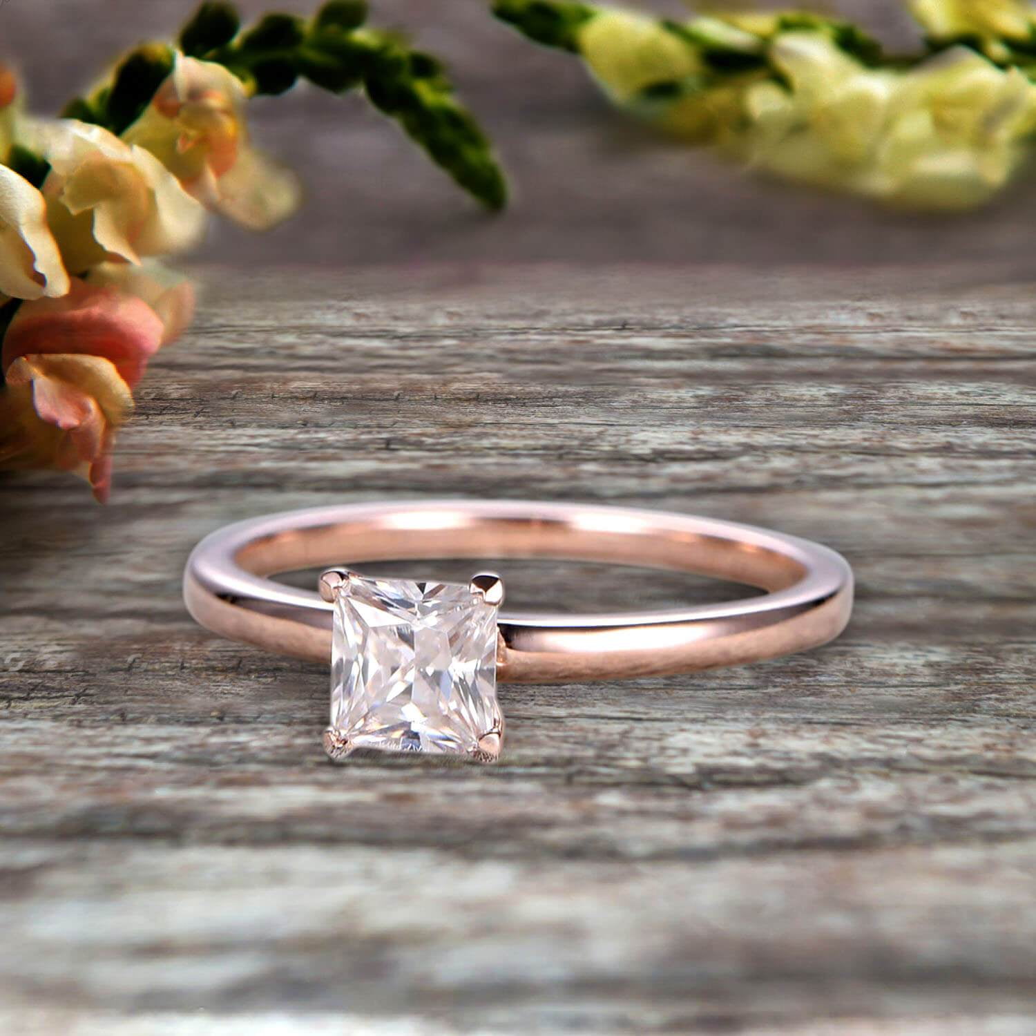 1.25 carat Classic Princess Cut Moissanite Diamond Solitaire Engagement Ring on 10k Rose Gold