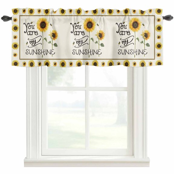 Sunflowers Rod Pocket Curtain Valance, Modern Bee You Are My Sunshine Beige Farmhouse Window Valance for Living Room, Bedroom, Kitchen 60"W x 18"L