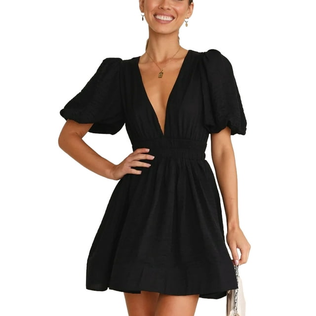 Gupgi Robe Courte Évasée à Col en V Profond pour Femmes, Couleur Unie, Manches Bouffantes, Robes Fluides
