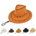 thumbnail image 2 of Wide Brim Solid Color Western Cowboy Hat Windproof Rope Fine Sewing Women Men Retro Jazz Hat Fashion Accessories, 2 of 10