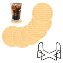 Uxcell Set of 6 Round Drink Coasters with Holder, 4" Silicone Coaster for Drinks Non-Slip Cup Coaster Heat Resistant Glass Cushion for Bar Kitchen Office Decor, Yellow(Stripes)