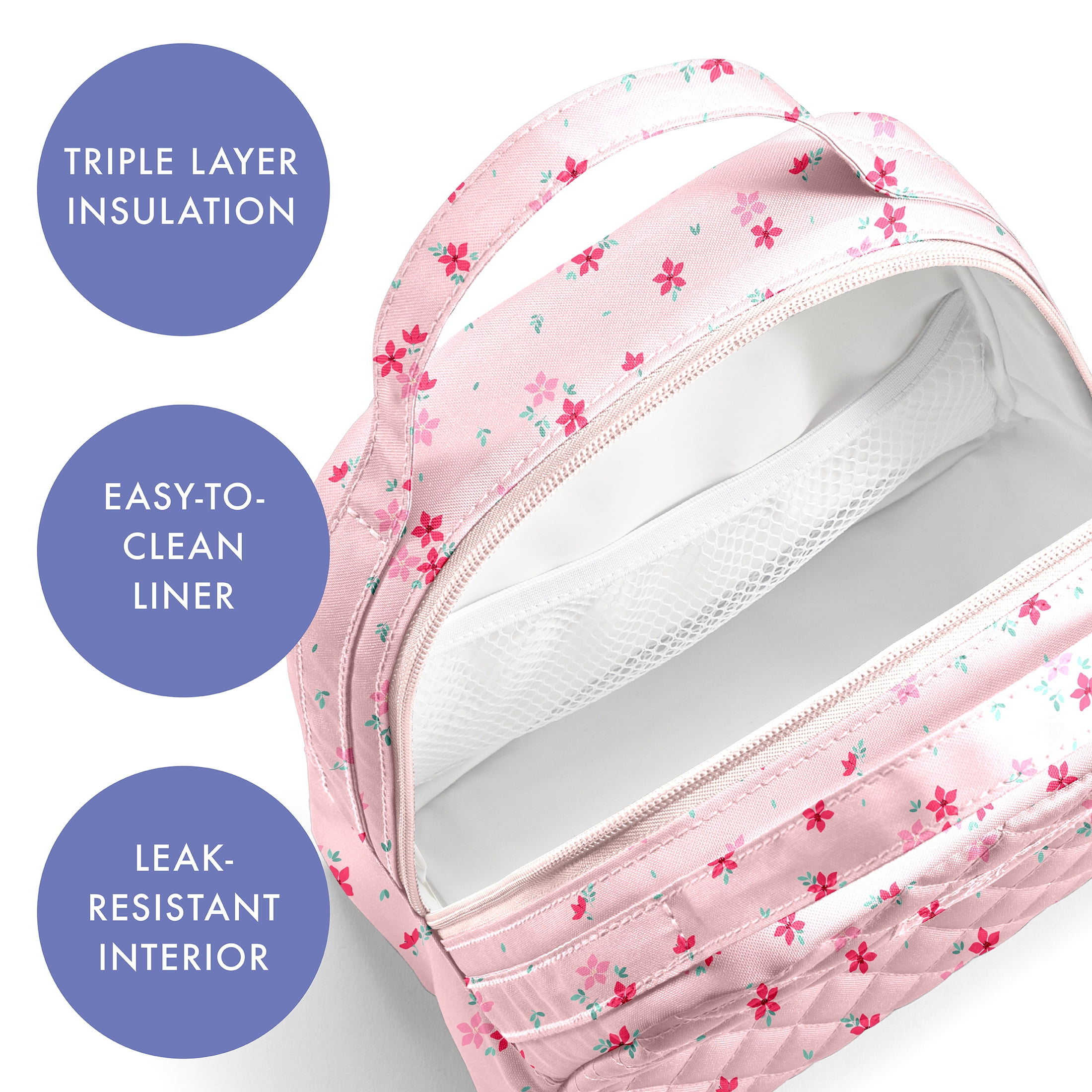 Fit & Fresh Evelyn Quilted Lunch Bag for Women, Large Lunch Tote, Reusable Insulated Lunch Bag for Work, Stylish Lunch Box, Pink Dainty Flowers, Designed to Help with Daily Commutes