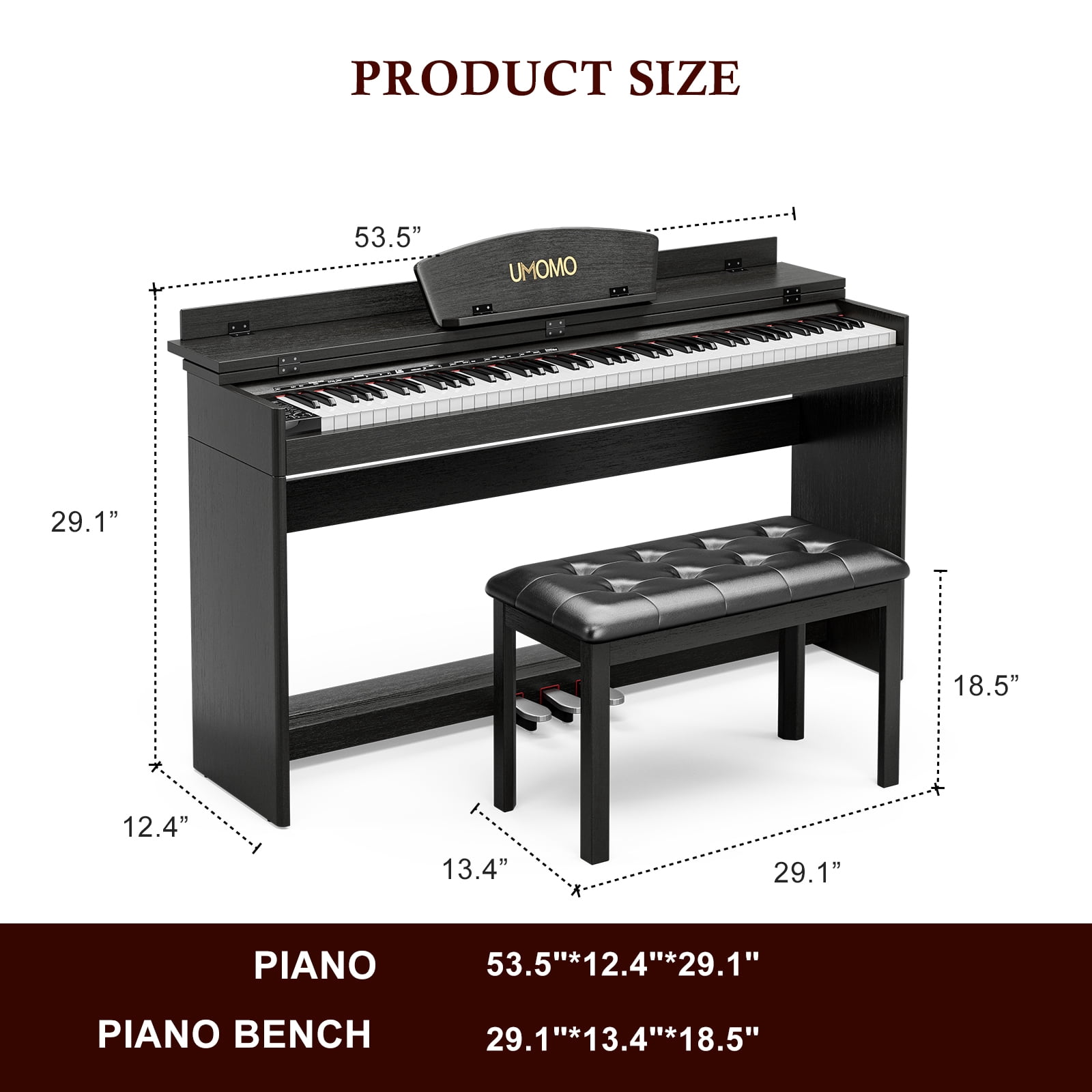 UMOMO 88 Key Digital Piano Keyboard with Piano Bench, Full Size Electric Piano with Piano Stand, Headphone Jack, 3 Pedal, Electronic Piano for Beginner, Adults, Black