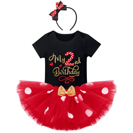 IBTOM CASTLE Toddler Baby Girls Cake Smash First Birthday Outfits Polka Dots Romper Tulle Dress Mouse Ear Princess Clothes 2 Years Black + Red - My Birthday