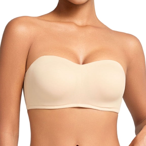 YANDW Bandeau Strapless Bra Full Coverage Underwire Convertible Bras for Plus Size Women Removable Pad Beige,32B