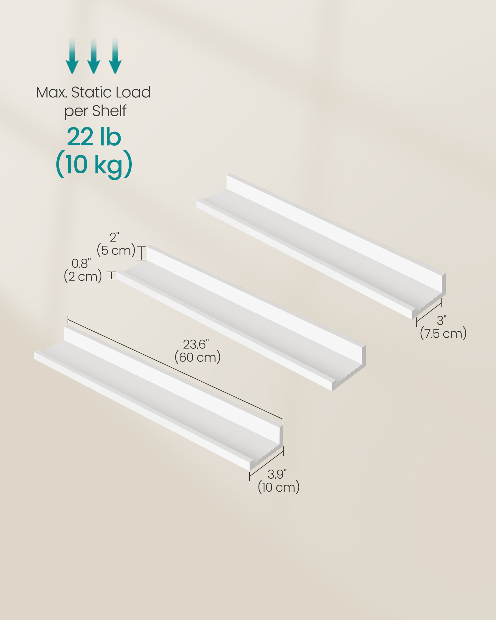 Set of 3 Floating Shelves, 23.6 Inch Wide Wall Shelves with 22 lb Capacity Each & Anti-Slip Edge, for Living Room Kitchen Bathroom, White