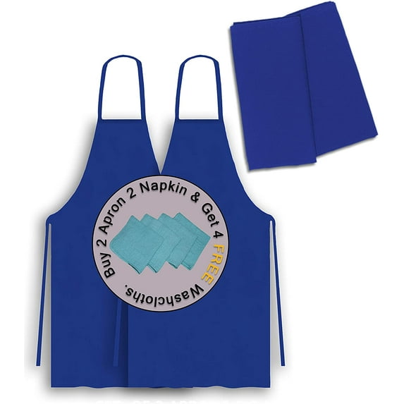 Cotton Homes Set of 2 Aprons and 2 Napkins with Free 4 Pack Washcloths- (28x32 Inch Aprons, 18x18 Inch Napkins)- Royal Blue- Commercial Grade Superior MJ Spun Polyester Fabric.