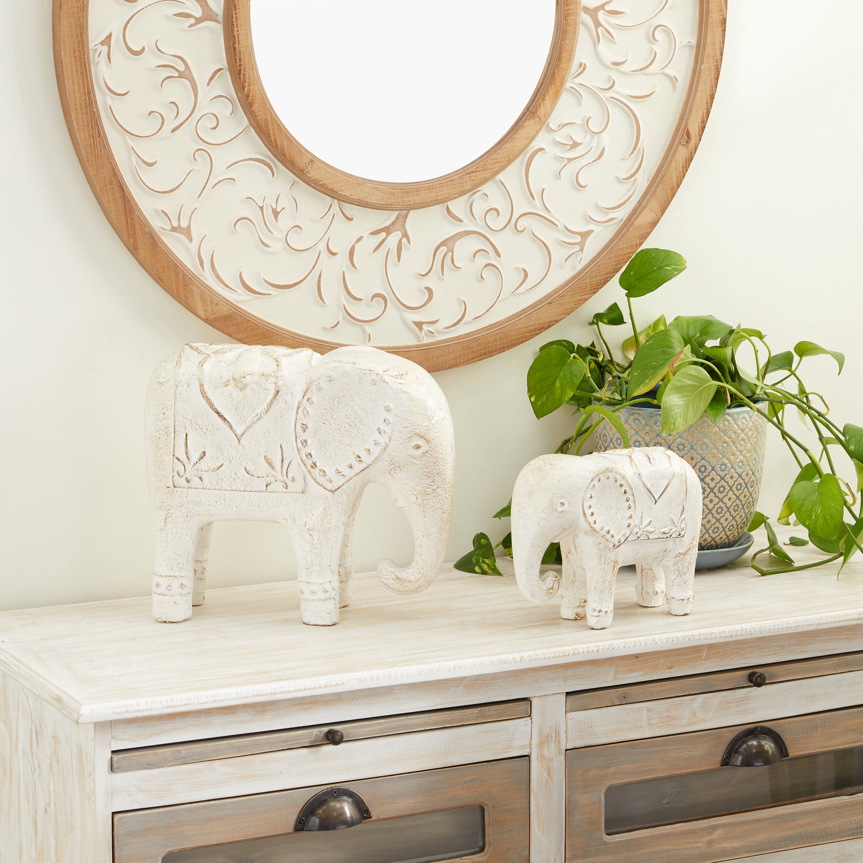9", 13"W White Ceramic Elephant Sculpture, by DecMode (2 Count)