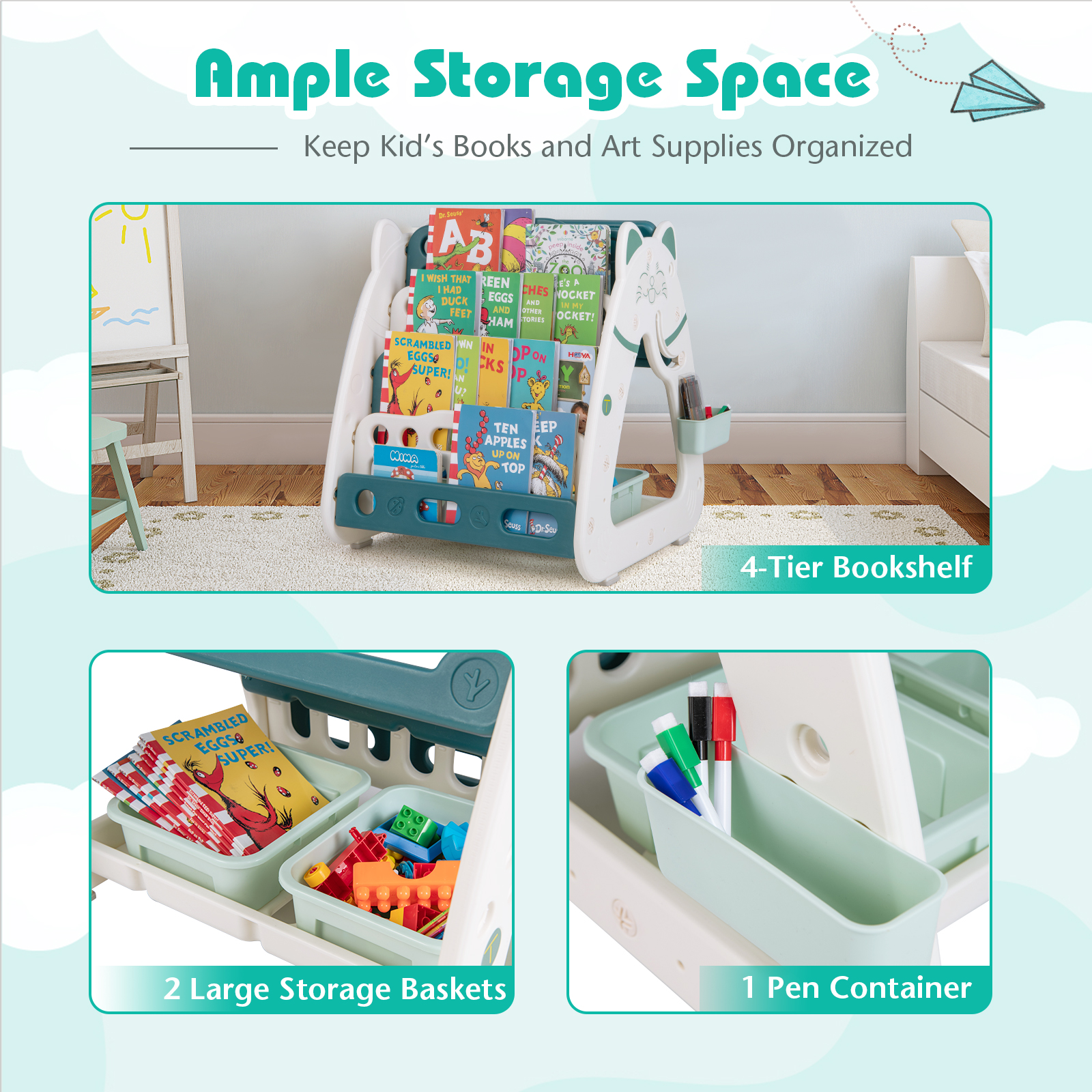 Infans 3-In-1 Kids Art Easel with Stool Magnetic Dry-Erase Board w/ Book Rack Green