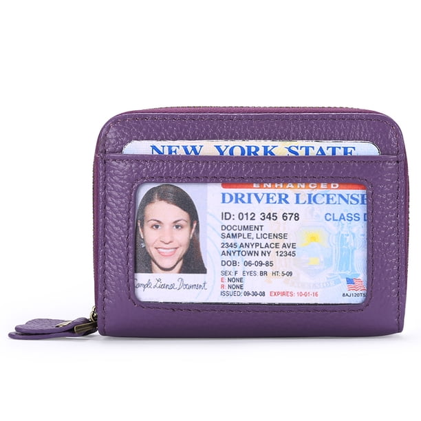 Tarjetero de piel de vaca de doble capa con cremallera y capa superior para mujer, tarjetero de piel antimagnética RFID, tarjetero de identificación de gran capacidad