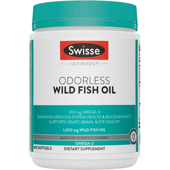 Swisse Odorless Wild Fish Oil, Omega-3 Supplement to Support Cardiovascular Health, 400 Softgells