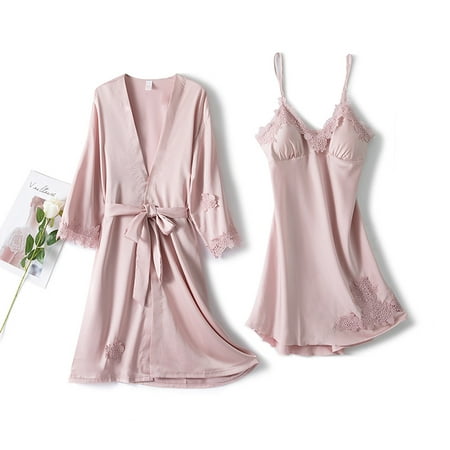 

Silk Robe Sleep Suit Womens Lace Satin Pajamas Gown Set V-Neck Cami Nighties Wear Pijama Home Nightwear Spring Nightdress