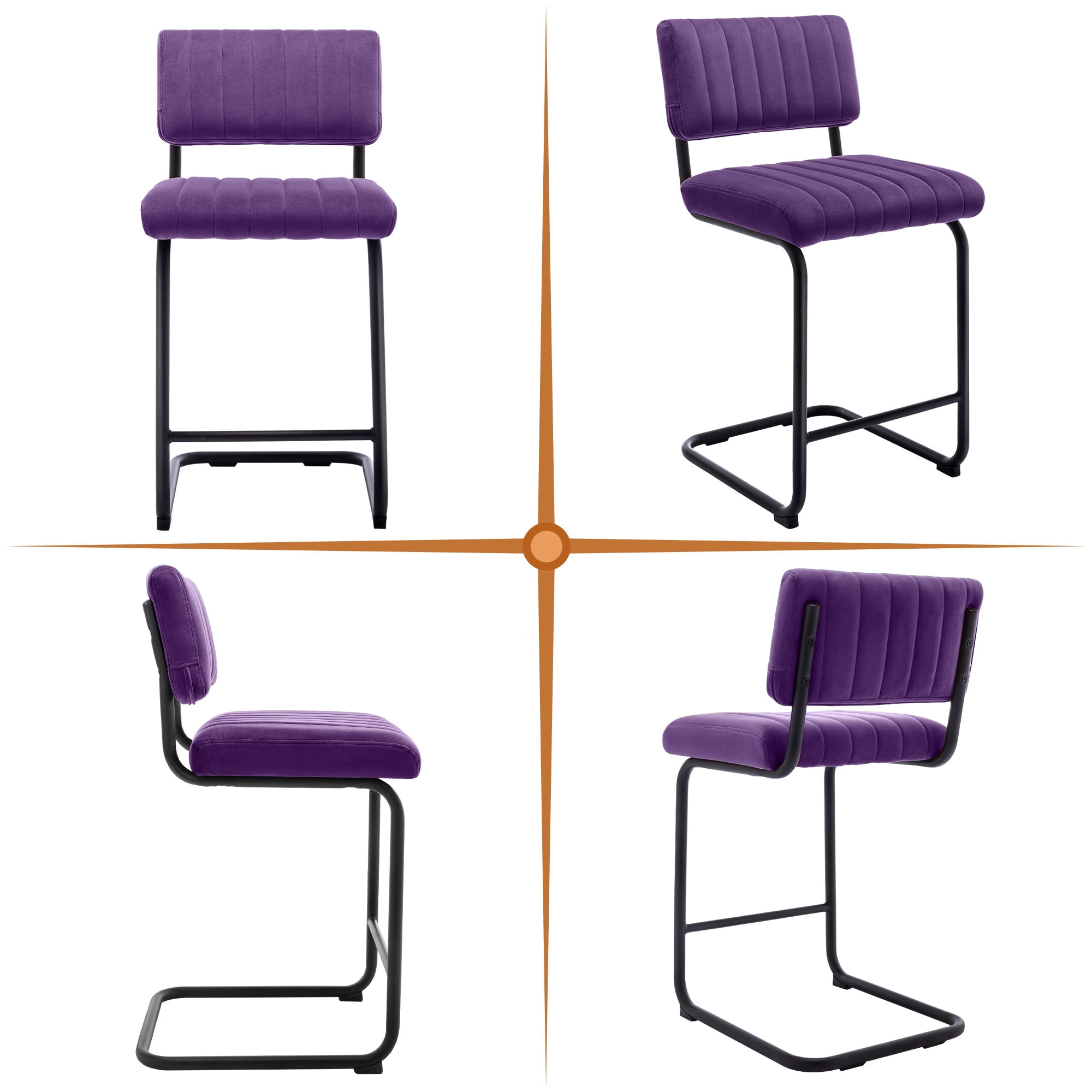 ONEVOG 24''H Counter Height Bar Stools Set of 2, Morden Counter Barstools with Velvet and Black Metal Legs, Upholstered Bar Stool for Kitchen Island, Purple
