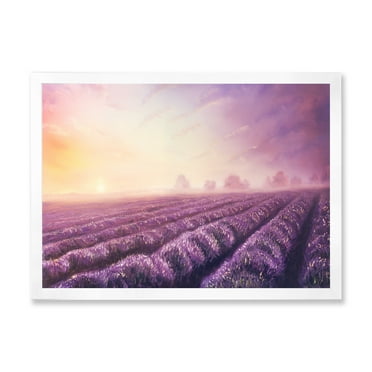 Lavender Fields During Sunrise 32 in x 16 in Framed Painting Canvas Art Print, by Designart