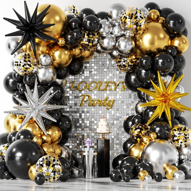Kit de guirnaldas con forma de arco de globos LOOLEY, negro, dorado y plateado, 137 unidades