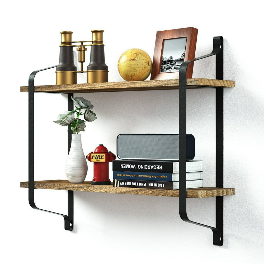 2 Tier Industrial Retro Bookshelf Black Wall Ceiling Mounted Open