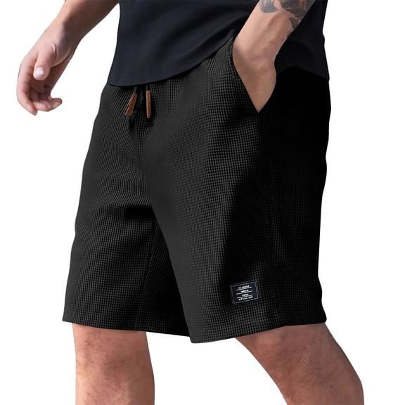 Nestiefly Men's Casual Shorts Waffle Elastic Waist Drawstring Workout Running Jogging Beach Sweat Shorts with Pockets Black 4XL