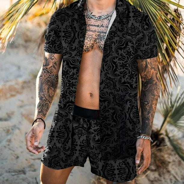 Conjuntos de hombre 2022 camisa informal de manga corta con solapa de retales estampada pantalones cortos de playa ropa de calle de verano trajes hawaianos para vacaciones S 3XL para hombre Tan Jianju...