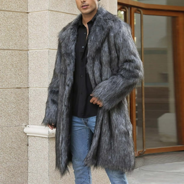 WRKEKC Men's Faux Fur Long Coat Winter Warm with V-Neck, Solid