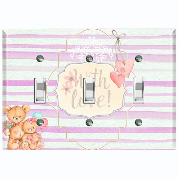 Metal Light Switch Wall Plate Outlet Cover (2 Teddy Bears With Love Heart Balloon Flower Pink Stripes - Triple Toggle)