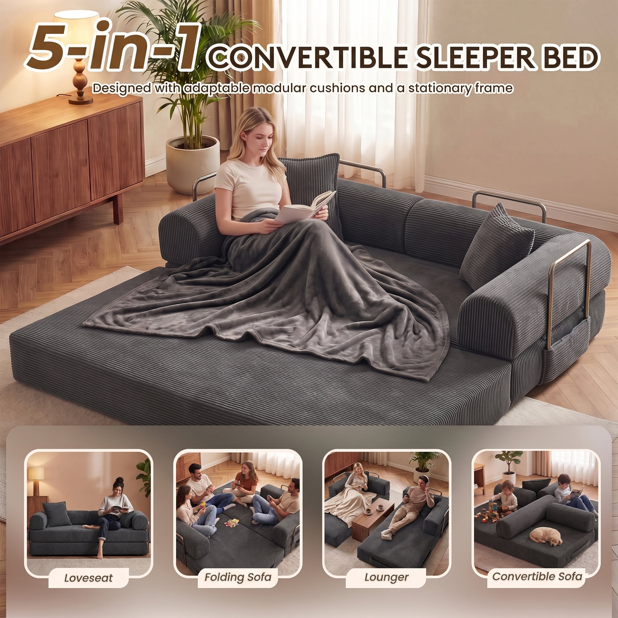 Aukfa 79" Convertible Futon Sofa Bed with Fixed Frame, 5-in-1 Boneless Couch for Living Room, Corduroy, Gray