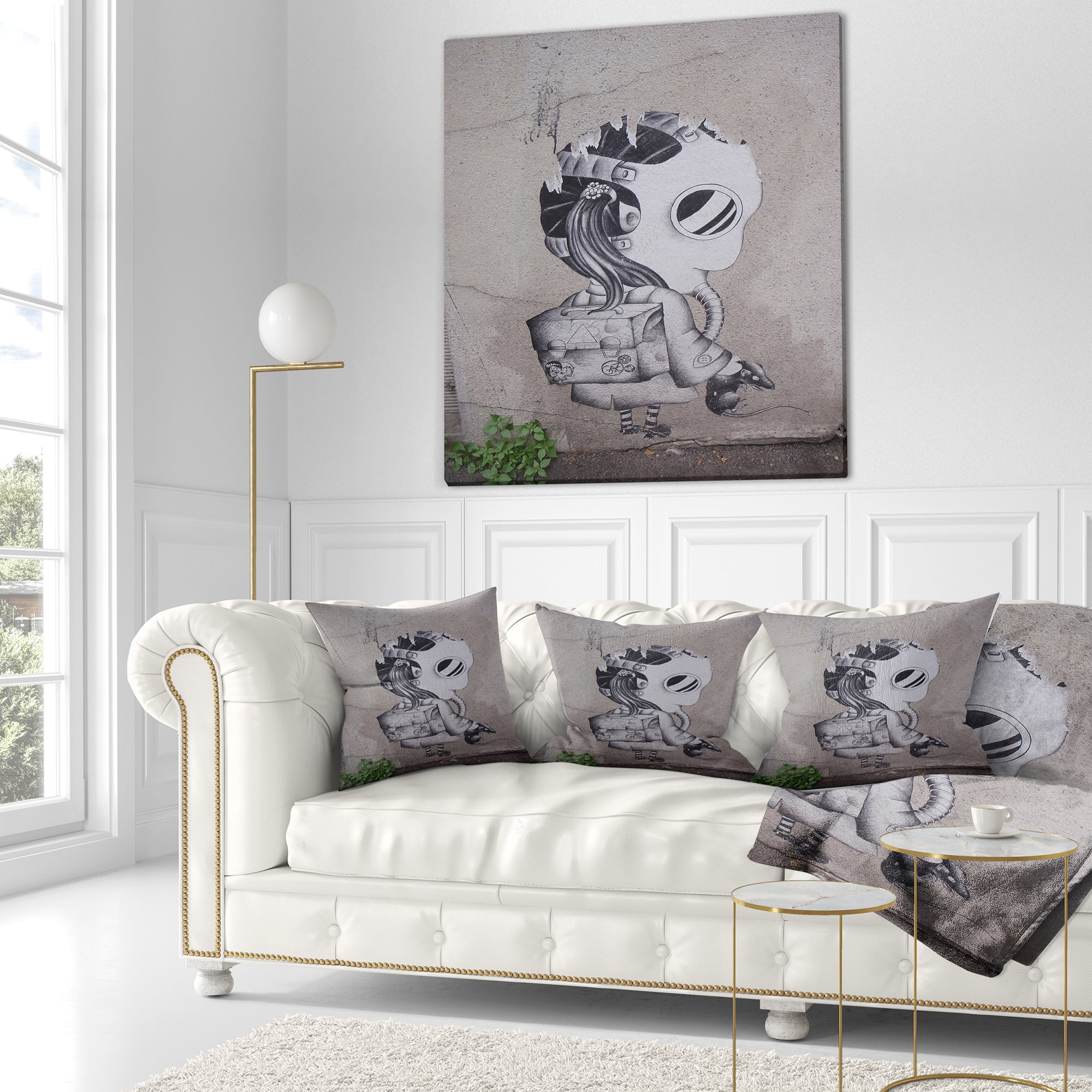Designart Rat Catcher Robot - Street Art Throw Pillow - 18x18
