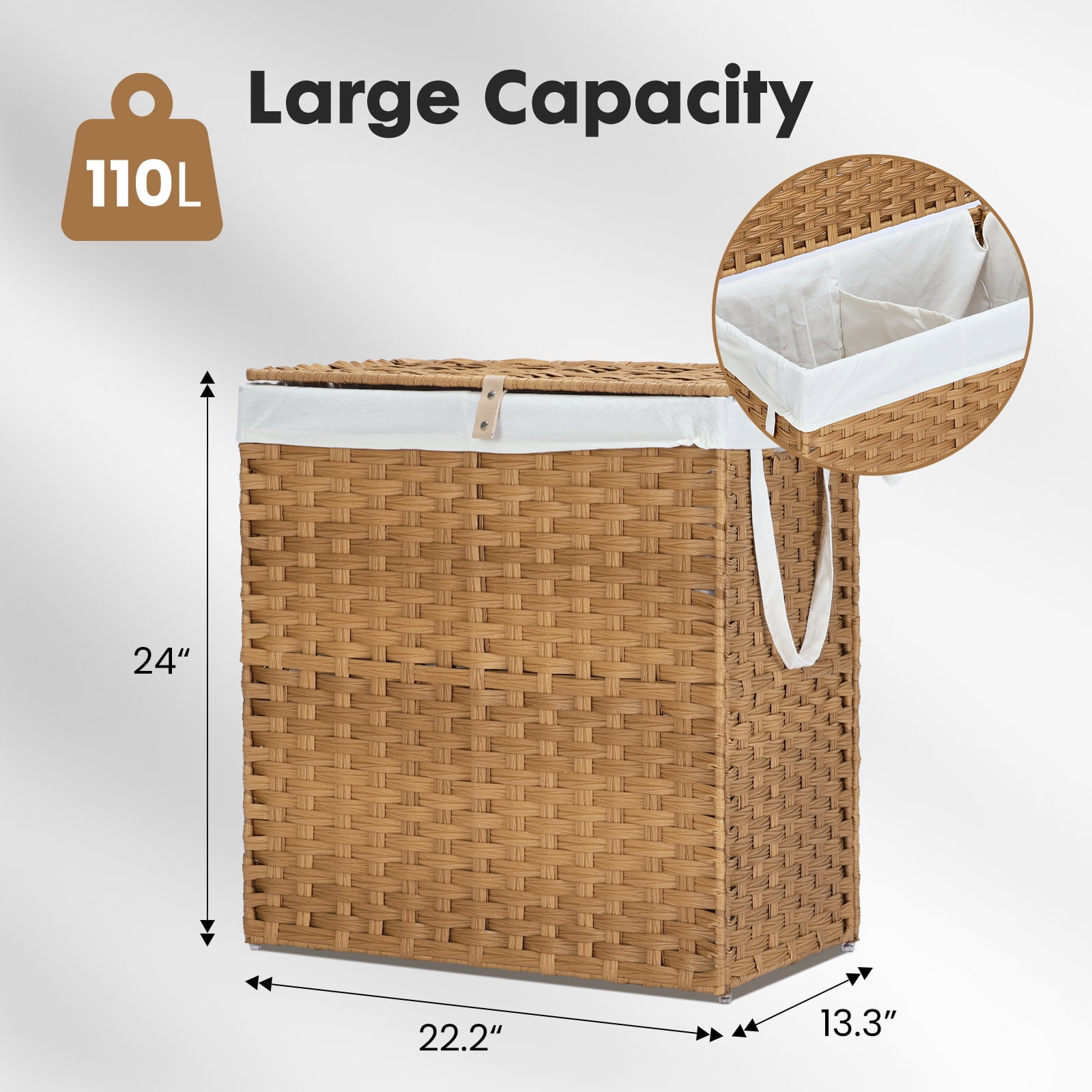 GIANNA Laundry Hamper with Lid, 110L Synthetic Rattan Clothes Laundry Basket with Lid and Handles, Foldable, Removable Liner
