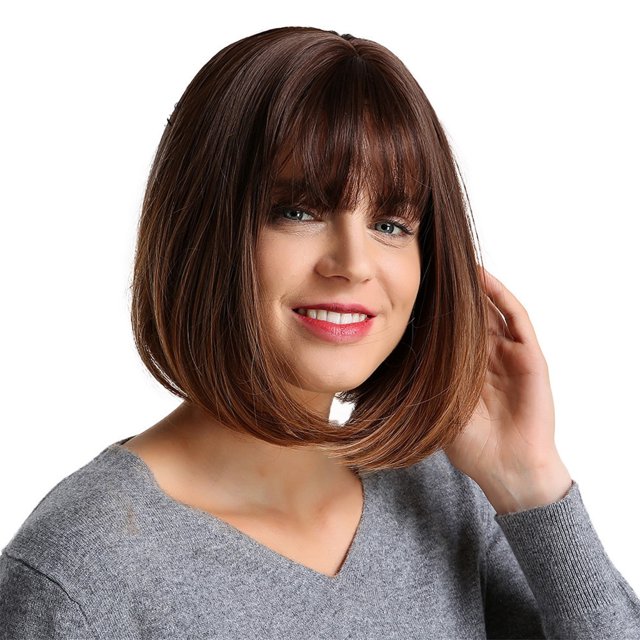 Peluca Cuadrada Flequillo Cabello Humano Peluca Bob con Gorra - Ombre Marrón Oscuro Marrón Claro Marrón Oscuro Ombre Marrón Claro Sunnimix peluca ombre para mujeres negras