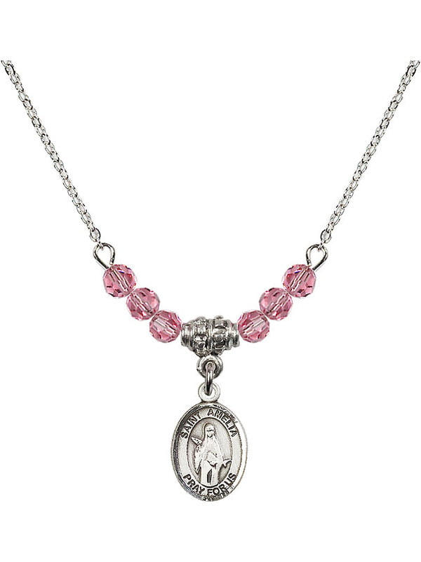 Bonyak Jewelry 18 Inch Rhodium Plated Necklace w/ 4mm Rose Pink October Birth Month Stone Beads and Saint Amelia Charm 