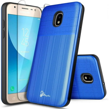 Nagebee Phone Case Compatible for Samsung Galaxy J3 Orbit, J3 2018/J3 V 2018/J3 Star/J3 Achieve/Sol 3 with Tempered Glass Screen Protector, Brushed Carbon Fiber Designed, Shockproof Hybrid (Blue)