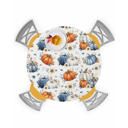

Round Tablecloth with Elastic Pumpkin Fall Orange Blue White Pumpkin Daisy Waterproof Stain-proof Table Cover Wipeable Fitted Table Cloths for 45 -54 Round Tables Dining Kitchen