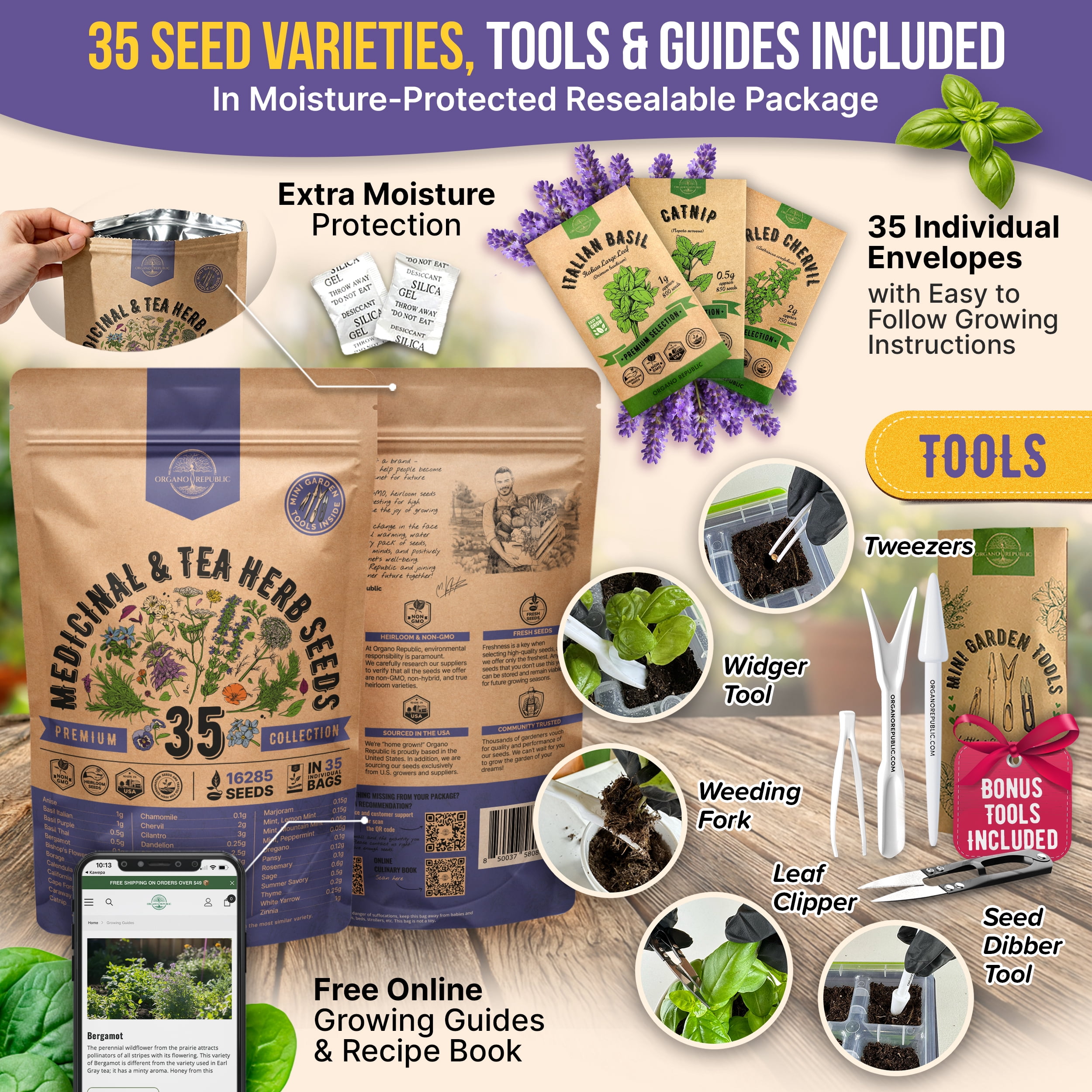 35 Medicinal & Tea Herb Seeds Variety Pack for Indoor Outdoors 16,335+ Non-GMO Heirloom Garden Seeds