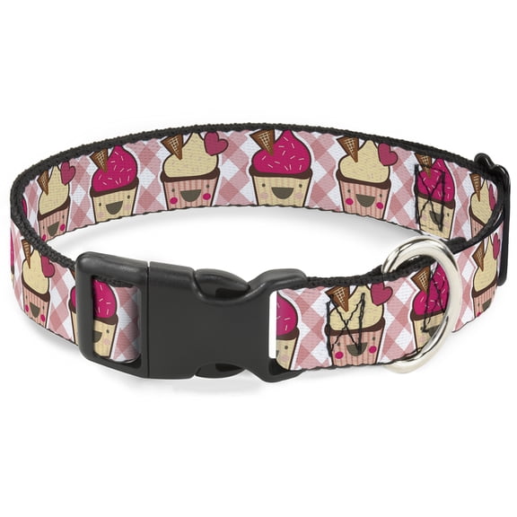 Buckle-Down Pet Collar, Dog Collar Plastic Buckle, Happy Cupcakes Buffalo Plaid White Pink, 7 to 8.5 Inches 0.5 Inch Wide