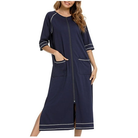 

YFPWM Women s Warm Robe Long Plush Bathrobe for Winter Winter Warm Nightgown Autumn Nightdress Zip Pocket Loose Pajamas Navy XXL