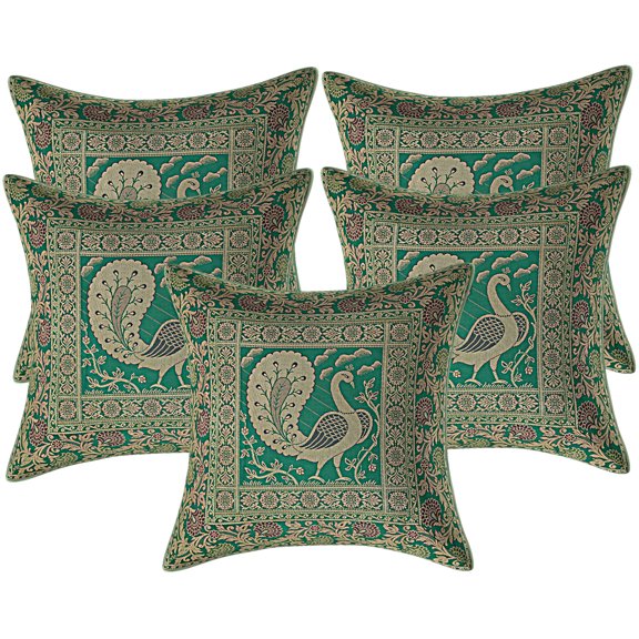 Stylo Culture Indian Zippered Brocade Emerald Green And Gold Throw Pillow Covers 16x16 Jacquard Weave Sofa Spring Throw Pillow Covers Peacock Floral 40x40 cm Decorative Cushion Covers (Set Of 5)