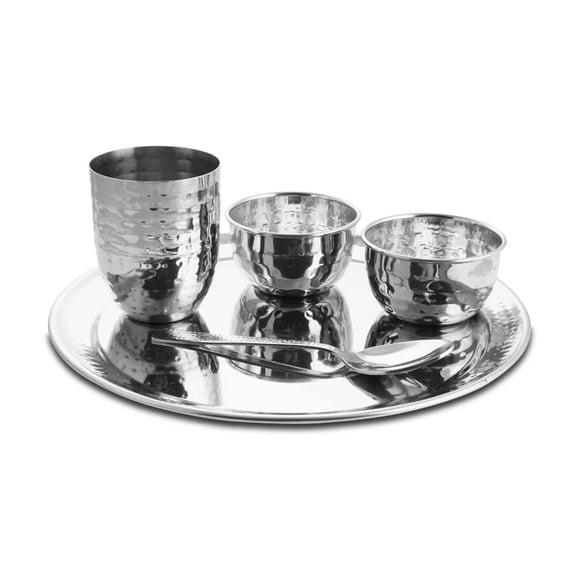 Silver Stainless Steel Hammered Diamond Thali Set Of 5 | 1 Thali+ 1 Glass+ 2 Katoris+ 1 Spoon