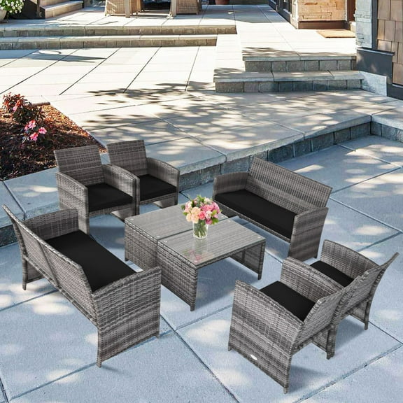 Gymax 8PCS Patio Outdoor Rattan Conversation Furniture Set w/ Black Cushion