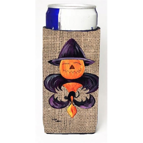 Carolines Treasures 8748MUK Halloween Pumpkin And Bat Fleur De Lis On Faux Burlap Michelob Ultra bottle sleeves For Slim Cans - 12 oz.