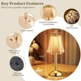 thumbnail image 6 of Walchoice Cordless Table Lamp, 3 Colors Dimmable LED Crystal Desk Lamp, 2500mAh Rechargeable Touch Lamp , Portable Night Light for Bedroom Living Room Restaurant Kitchen, Gold, 6 of 7