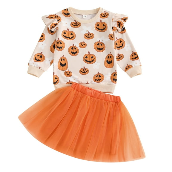 Elippeo Toddler Girls 2Pcs Halloween Outfits Long Sleeve Pumpkin Print Sweatshirt   Tulle Skirt Set Baby Clothes 12 18 24 Months 3 4 5 6 Years