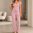 thumbnail image 2 of Tqcoqu Women's Lace Trim Pajama Set, Flutter Short Sleeve Button Top & Drawstring Wide Leg Pants, 2 Piece Loungewear Sleepwear, 2 of 8