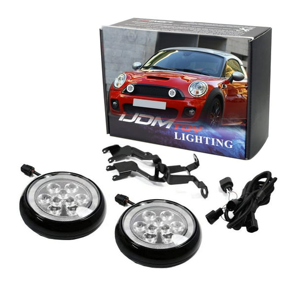 Black Finish LED Rally Driving Lights For Mini Cooper w/Halo Ring LED Daytime Running Lights, Powered by (9) High Power 3W LED Lights As Driving Lamps & (30) LED Lights as DRL