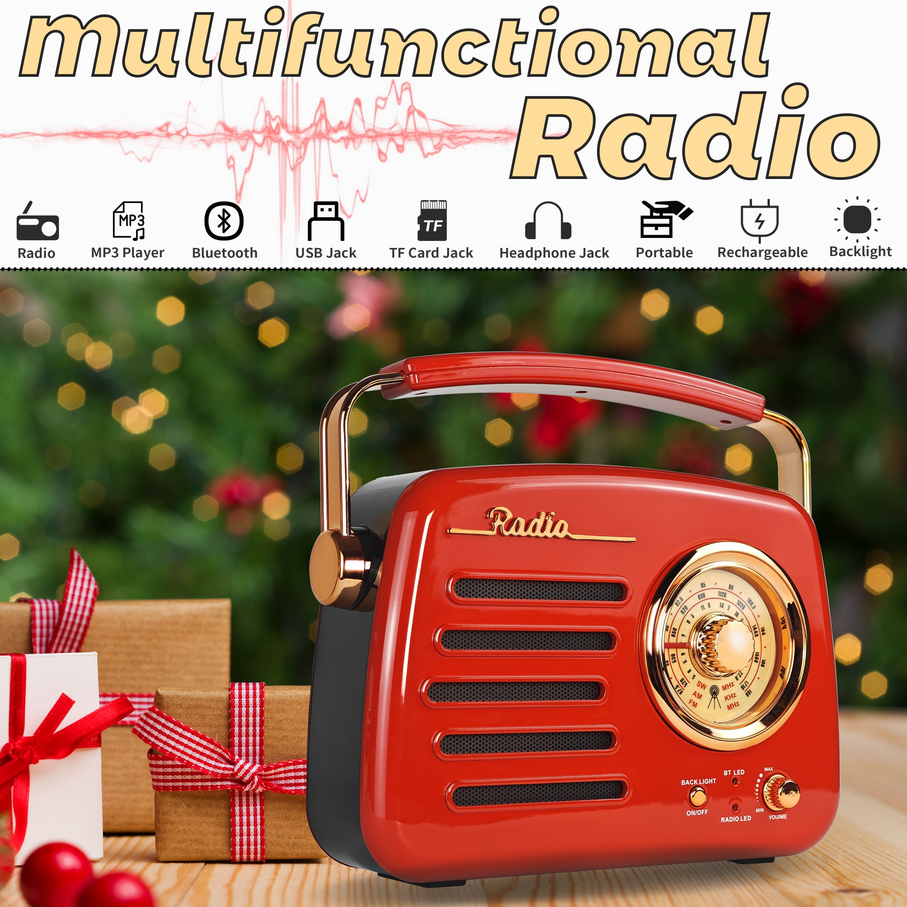 Retro Backlit AM FM Shortwave Radio, Great Receiver Bluetooth Speaker Battery or Plug in Wall, Support USB Drive/TF Card, Good Sound for Family or Friend for Home/Outdoor(Red)