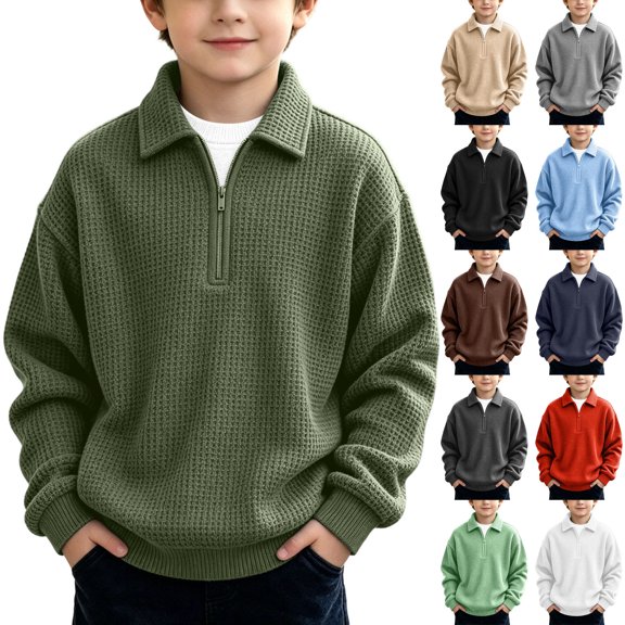 Quarter Zip Sweatshirt Boys Girls Waffle Casual Loose Fashion Fall Winter Tops Lapel Long Sleeve Pullover (13Years, Army Green)