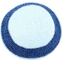 White/Sky and Dark Blue 17cm DMC 100% Knitted Cotton Kippah Yarmulke Skullcap